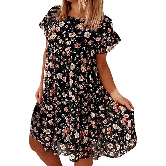 Women's Plus Size Women's Summer O-neck Dress Beach Floral Print Ruffles Casual - Picture 2 of 9